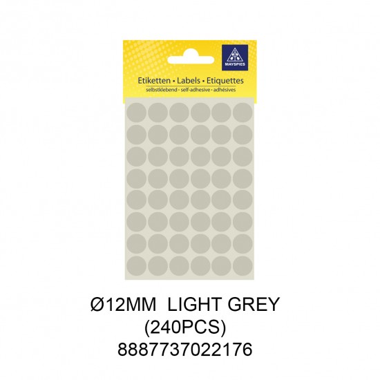 MAYSPIES MS012 COLOUR DOT LABEL / 5 SHEETS/PKT / 240PCS / ROUND 12MM LIGHT GREY